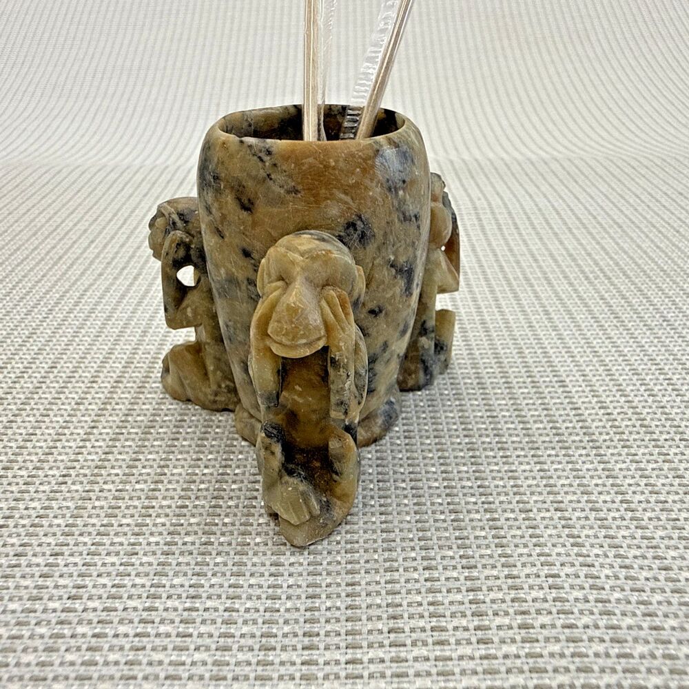 Vintage Soapstone Hand Carved 3 Monkeys-See, Hear, Speak No Evil Holder